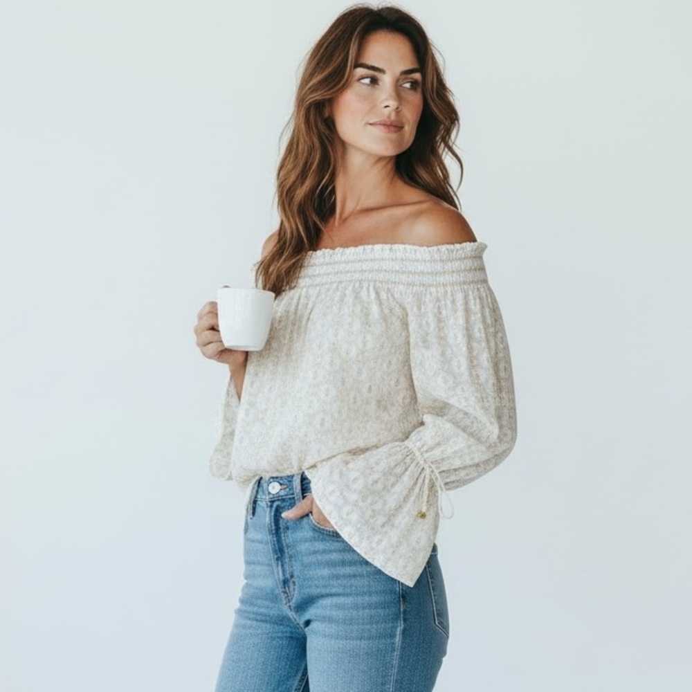 Michael Kors Off Shoulder Blouse Medium White Gold Jacquard Metallic Boho Top